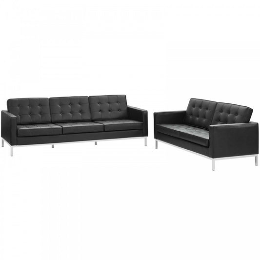 Loft 2 Piece Leather Sofa and Loveseat Set, Black