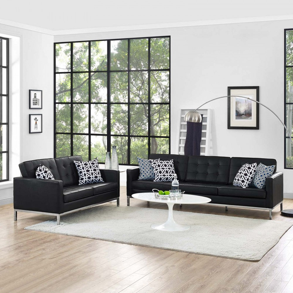 Loft 2 Piece Leather Sofa and Loveseat Set, Black