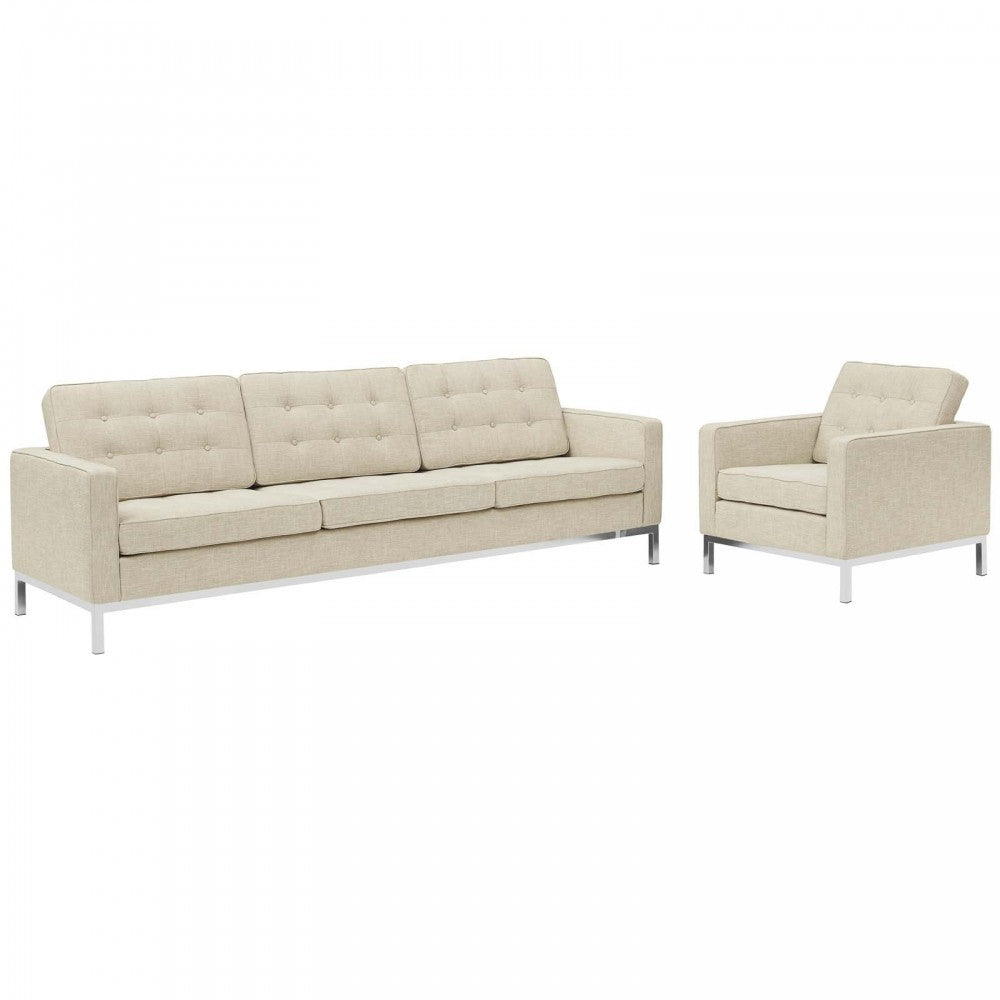 Loft 2 Piece Upholstered Fabric Sofa and Armchair Set, Beige
