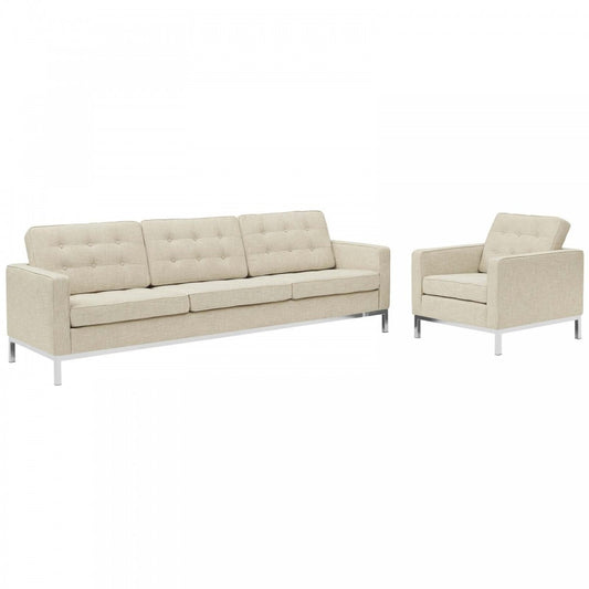 Loft 2 Piece Upholstered Fabric Sofa and Armchair Set, Beige