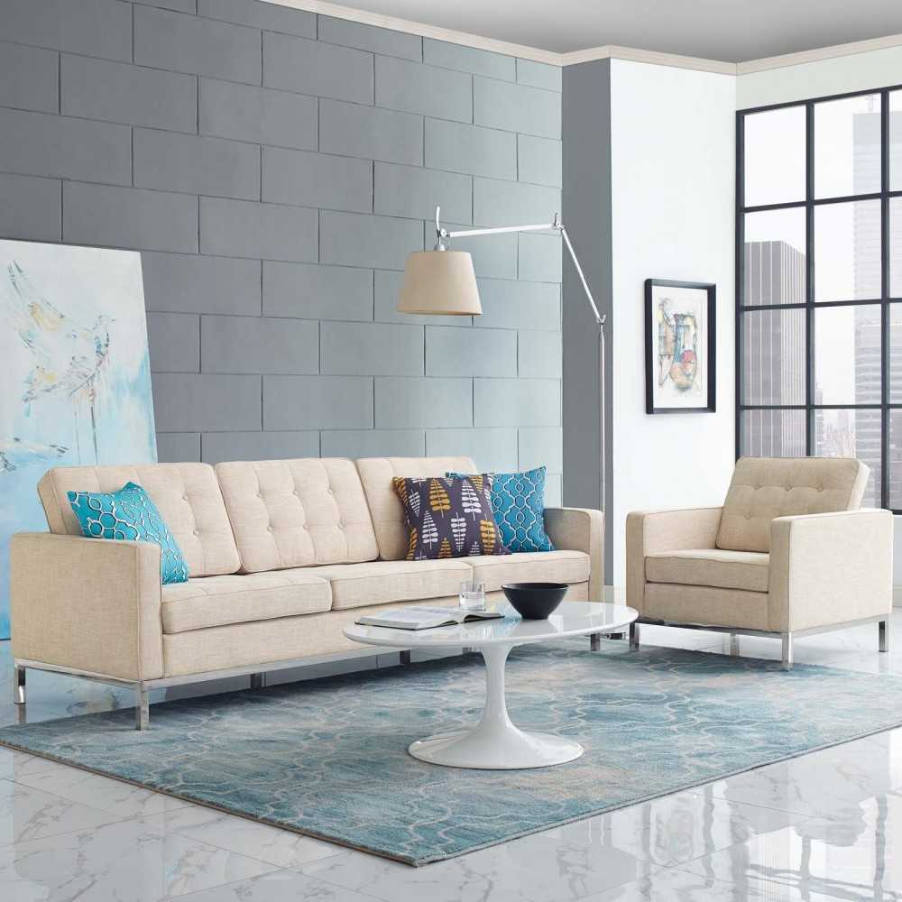 Loft 2 Piece Upholstered Fabric Sofa and Armchair Set, Beige