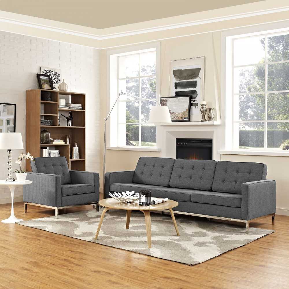 Loft 2 Piece Upholstered Fabric Sofa and Armchair Set, Gray