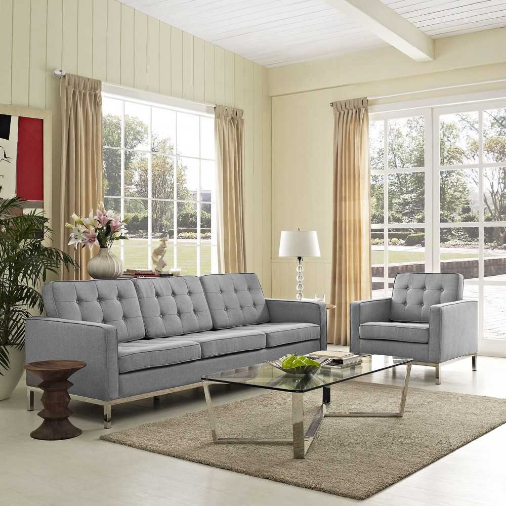 Loft 2 Piece Upholstered Fabric Sofa and Armchair Set, Light Gray