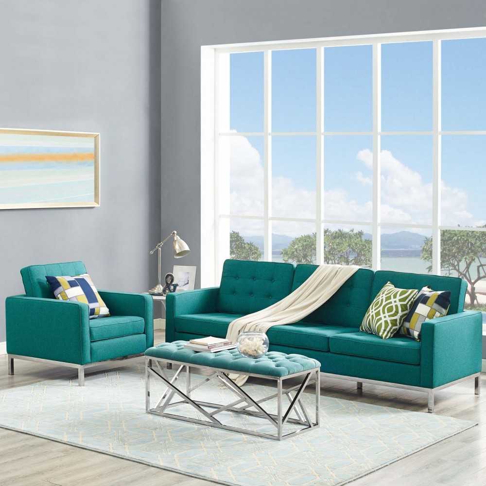 Loft 2 Piece Upholstered Fabric Sofa and Armchair Set, Teal