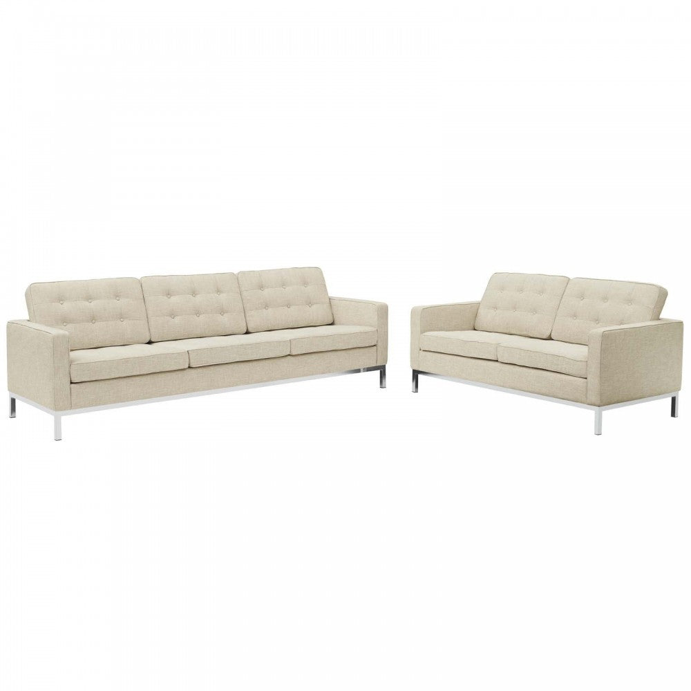 Loft 2 Piece Upholstered Fabric Sofa and Loveseat Set, Beige