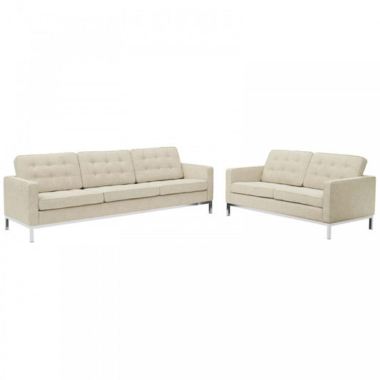 Loft 2 Piece Upholstered Fabric Sofa and Loveseat Set, Beige