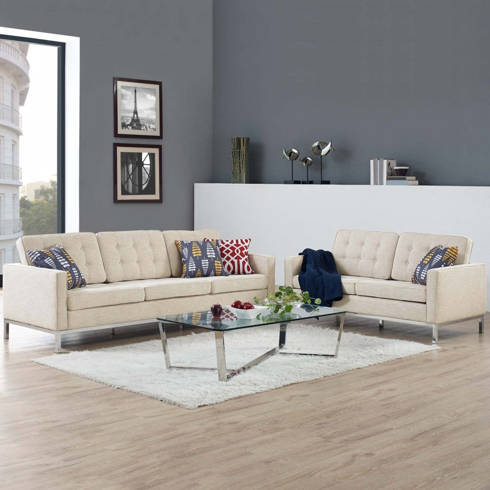 Loft 2 Piece Upholstered Fabric Sofa and Loveseat Set, Beige