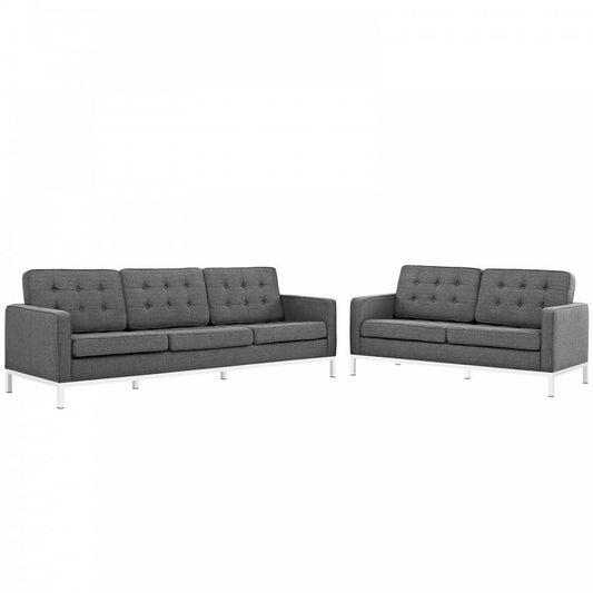 Loft 2 Piece Upholstered Fabric Sofa and Loveseat Set, Gray
