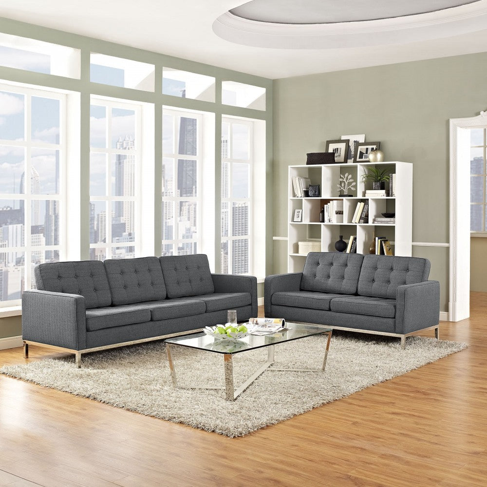 Loft 2 Piece Upholstered Fabric Sofa and Loveseat Set, Gray