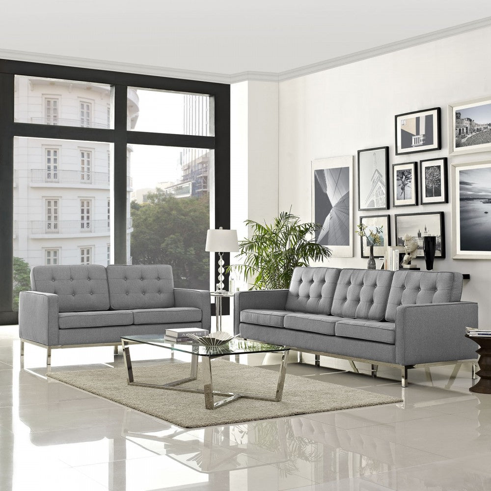 Loft 2 Piece Upholstered Fabric Sofa and Loveseat Set, Light Gray
