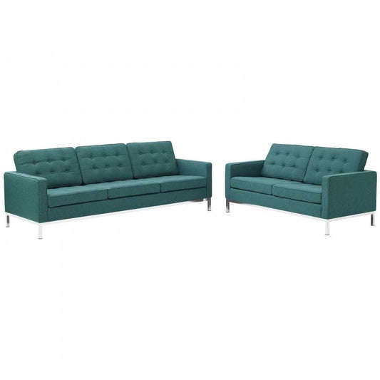 Loft 2 Piece Upholstered Fabric Sofa and Loveseat Set, Teal