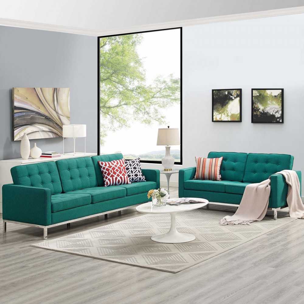 Loft 2 Piece Upholstered Fabric Sofa and Loveseat Set, Teal