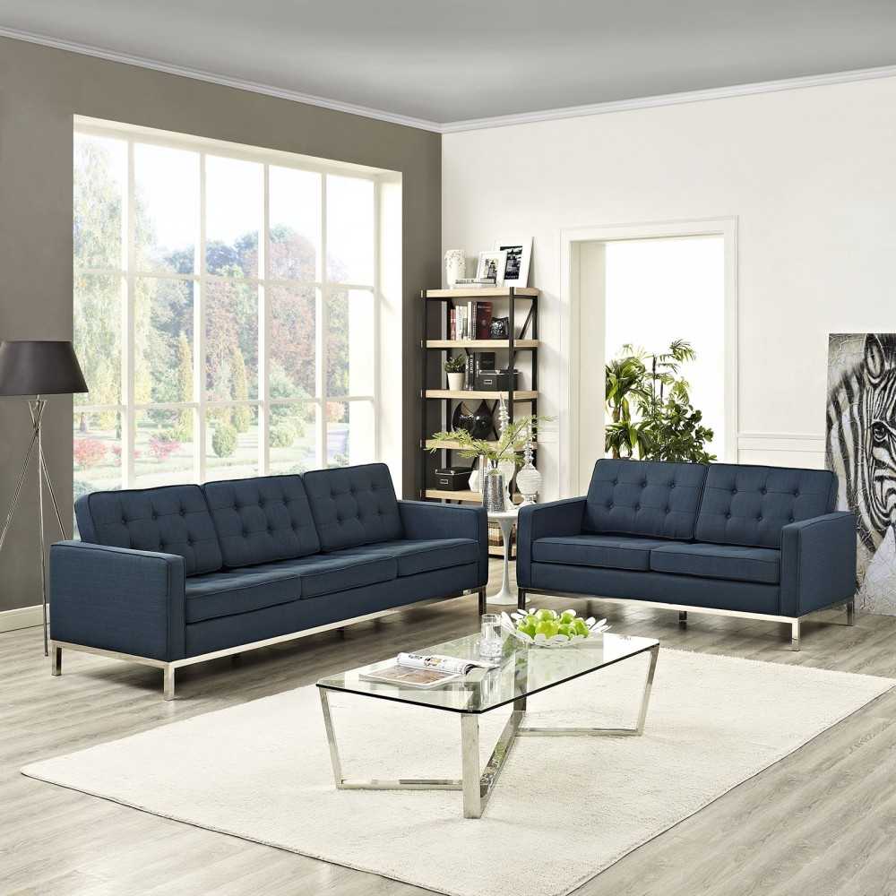Loft 2 Piece Upholstered Fabric Sofa and Loveseat Set, Azure