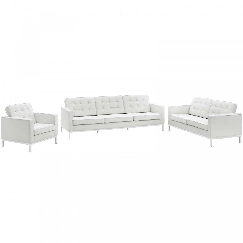 Loft 3 Piece Leather Sofa Loveseat and Armchair Set, White, EEI-3101-WHI-SET