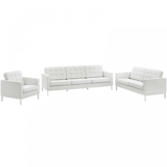 Loft 3 Piece Leather Sofa Loveseat and Armchair Set, White, EEI-3101-WHI-SET