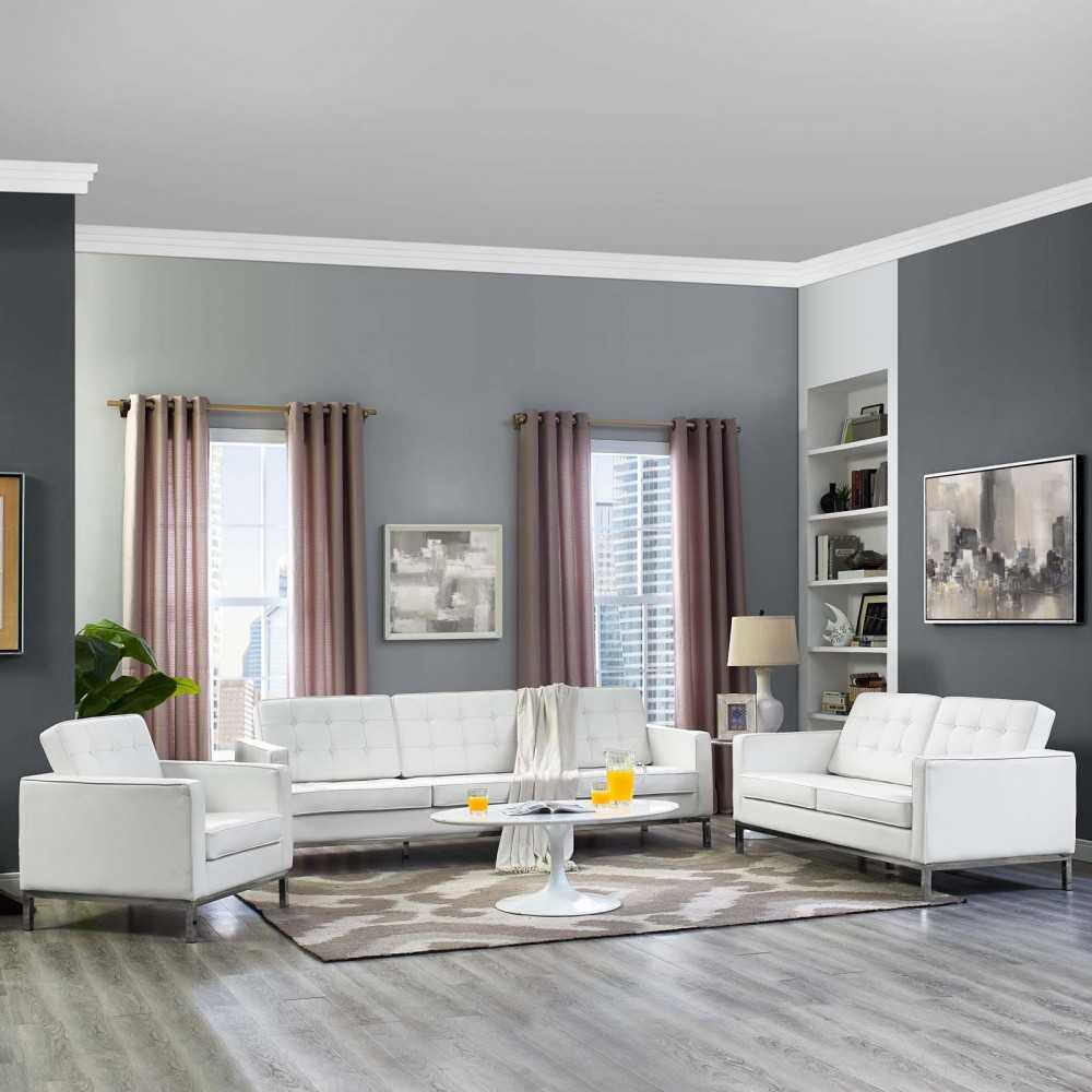 Loft 3 Piece Leather Sofa Loveseat and Armchair Set, White, EEI-3101-WHI-SET