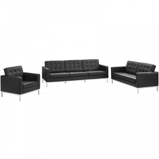 Loft 3 Piece Leather Sofa Loveseat and Armchair Set, White, EEI-3101-BLK-SET