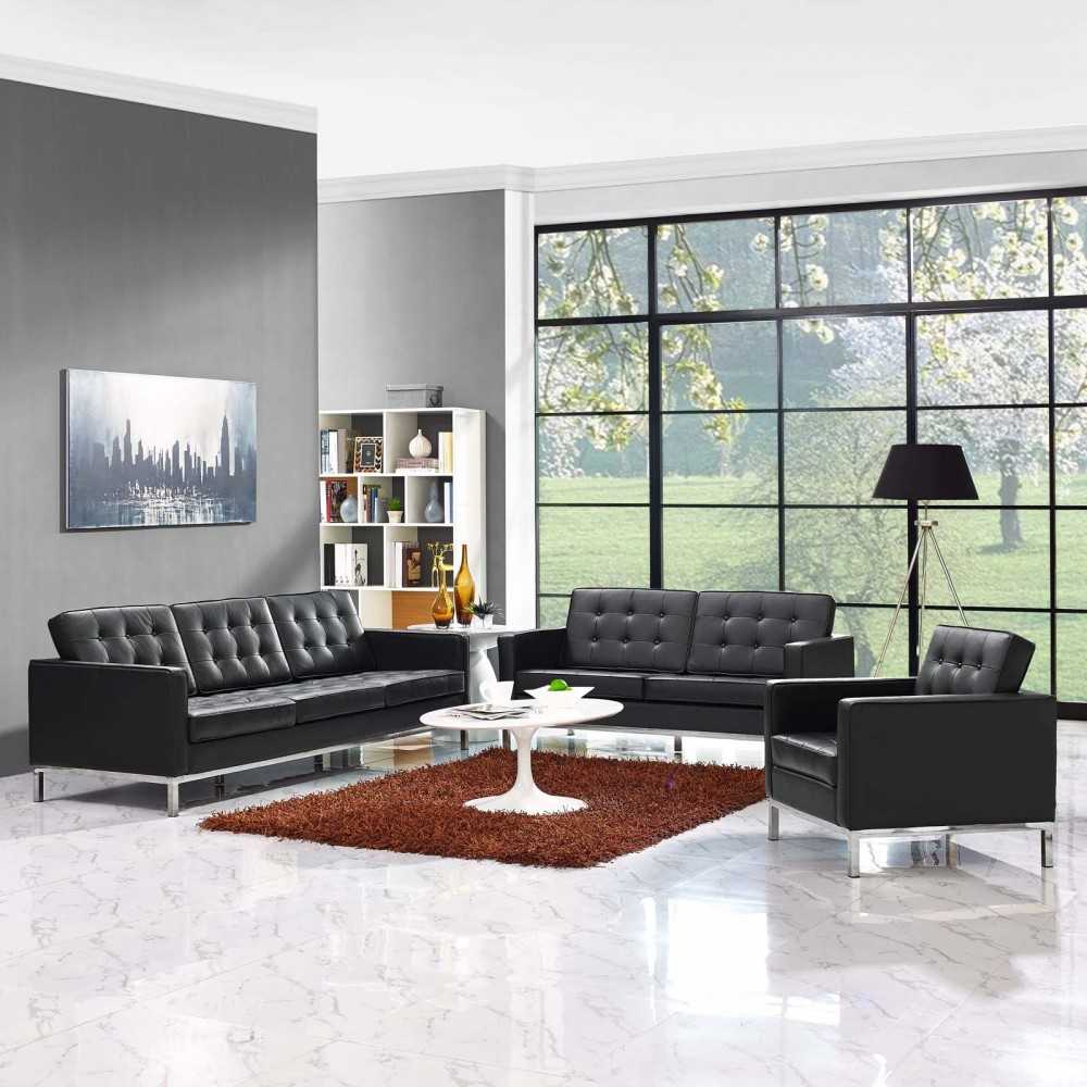 Loft 3 Piece Leather Sofa Loveseat and Armchair Set, White, EEI-3101-BLK-SET