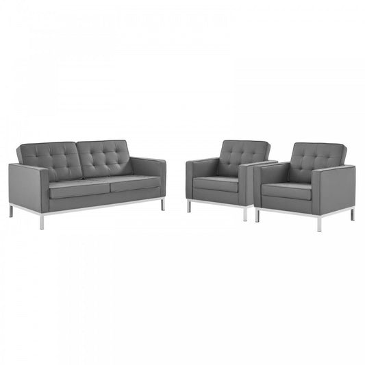 Loft 3 Piece Tufted Upholstered Faux Leather Set, Silver Gray, EEI-4103-SLV-GRY-SET