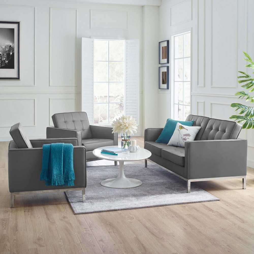 Loft 3 Piece Tufted Upholstered Faux Leather Set, Silver Gray, EEI-4103-SLV-GRY-SET