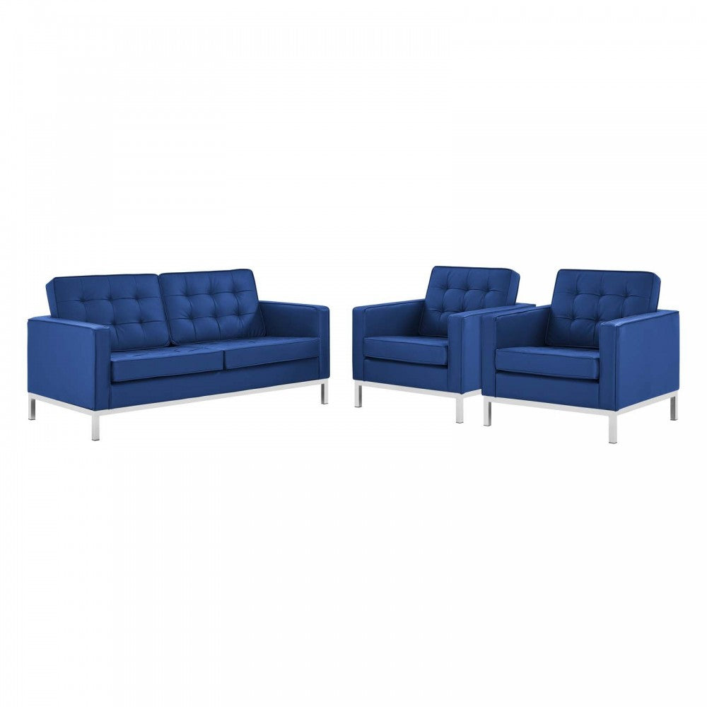 Loft 3 Piece Tufted Upholstered Faux Leather Set, Silver Navy, EEI-4103-SLV-NAV-SET