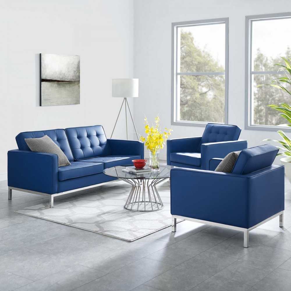 Loft 3 Piece Tufted Upholstered Faux Leather Set, Silver Navy, EEI-4103-SLV-NAV-SET