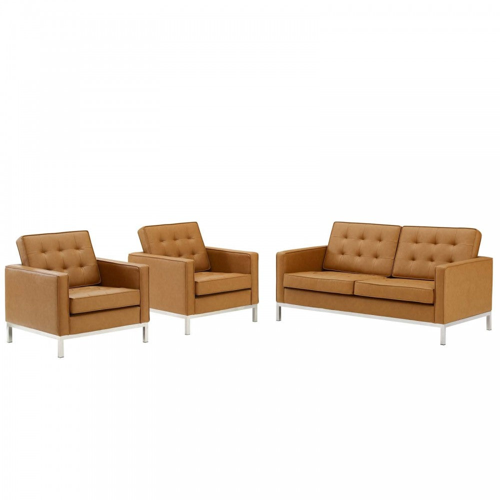 Loft 3 Piece Tufted Upholstered Faux Leather Set, Silver Tan, EEI-4103-SLV-TAN-SET