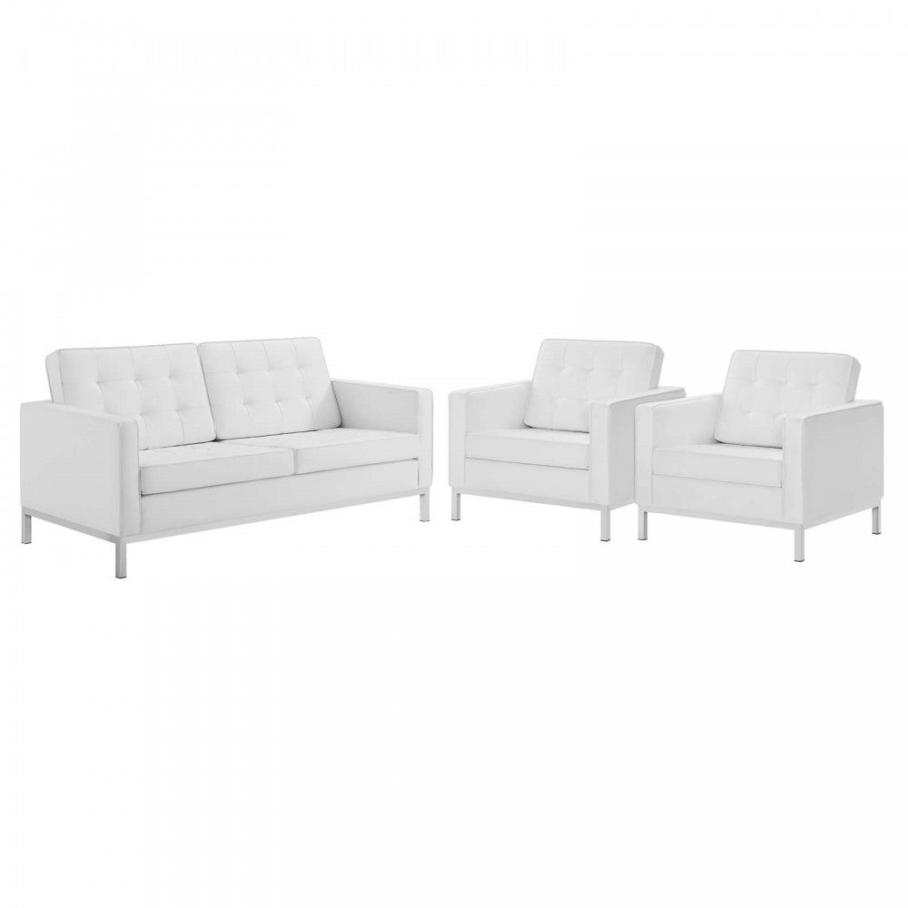 Loft 3 Piece Tufted Upholstered Faux Leather Set, Silver White, EEI-4103-SLV-WHI-SET