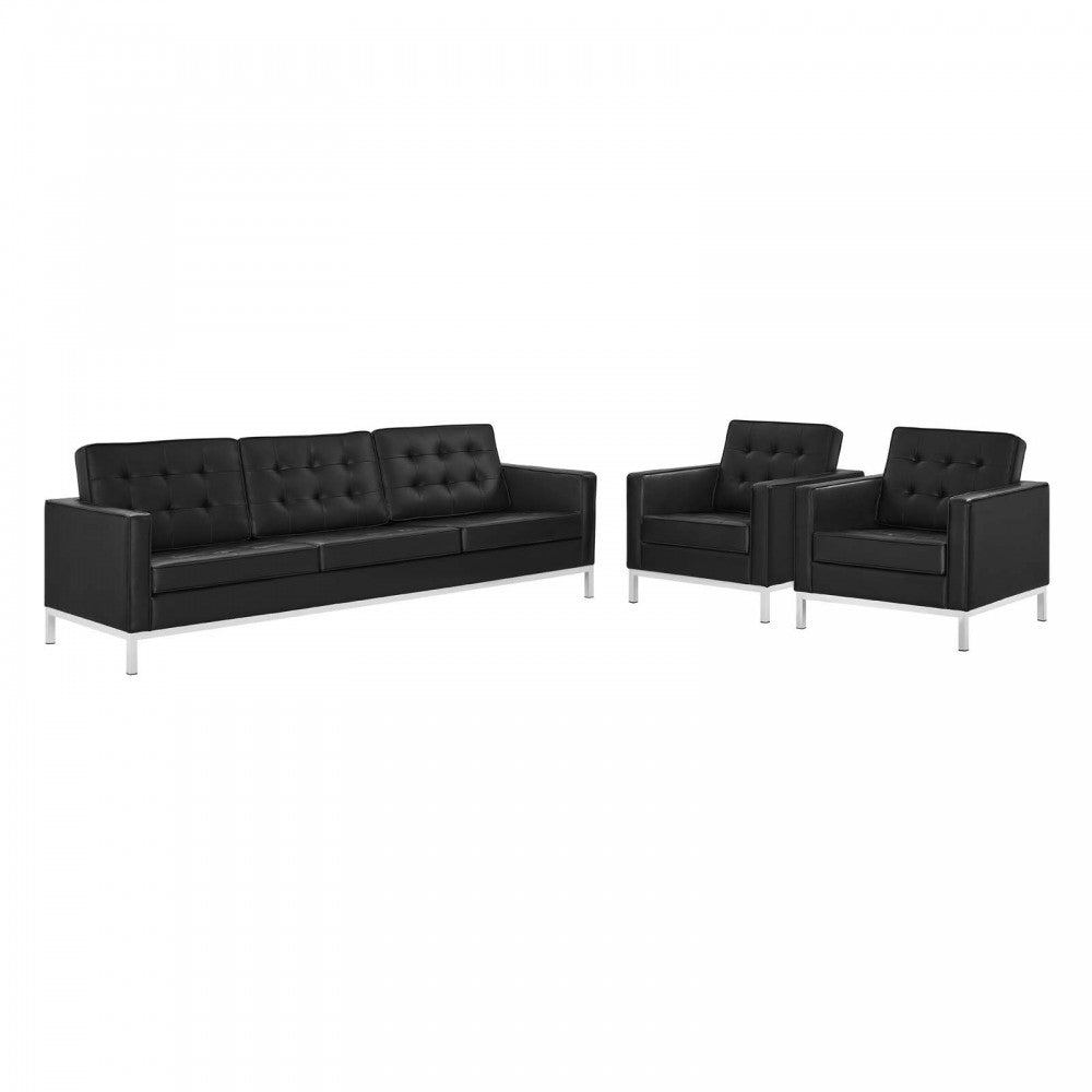 Loft 3 Piece Tufted Upholstered Faux Leather Set, Silver Black, EEI-4105-SLV-BLK-SET