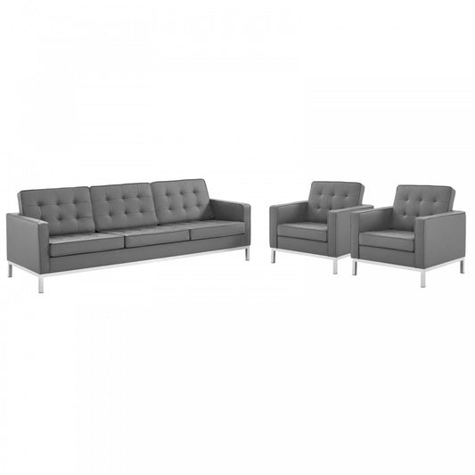 Loft 3 Piece Tufted Upholstered Faux Leather Set, Silver Gray, EEI-4105-SLV-GRY-SET