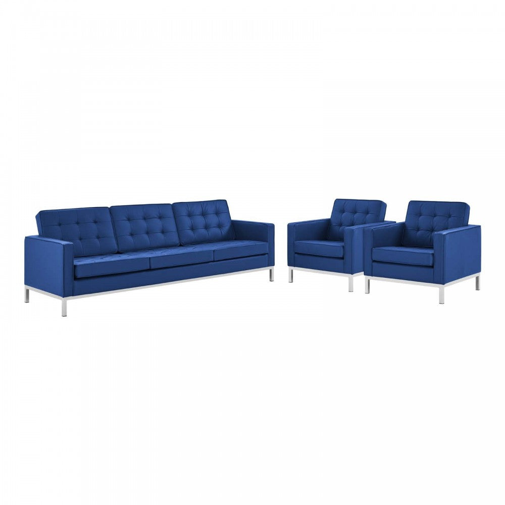 Loft 3 Piece Tufted Upholstered Faux Leather Set, Silver Navy, EEI-4105-SLV-NAV-SET