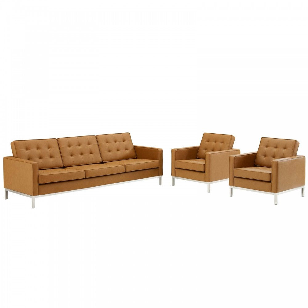 Loft 3 Piece Tufted Upholstered Faux Leather Set, Silver Tan, EEI-4105-SLV-TAN-SET