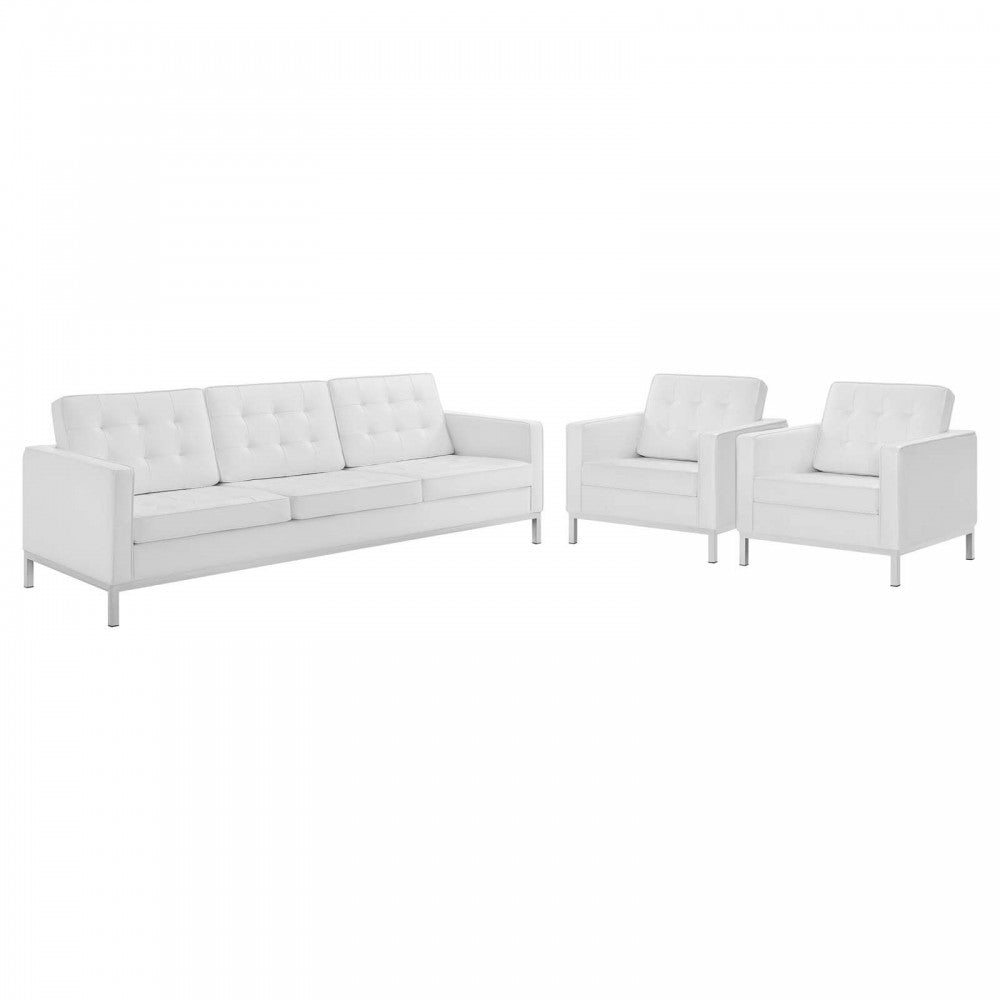 Loft 3 Piece Tufted Upholstered Faux Leather Set, Silver White, EEI-4105-SLV-WHI-SET