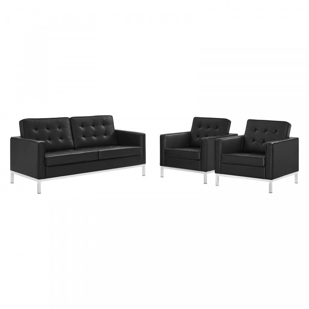 Loft 3 Piece Tufted Upholstered Faux Leather Set, Silver Black, EEI-4103-SLV-BLK-SET