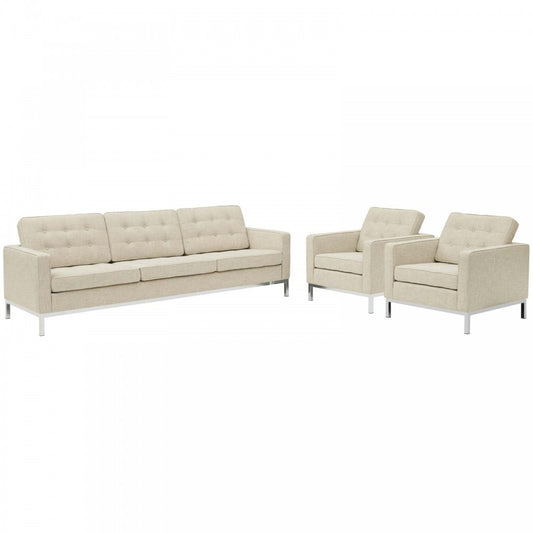 Loft 3 Piece Upholstered Fabric Sofa and Armchair Set, Beige