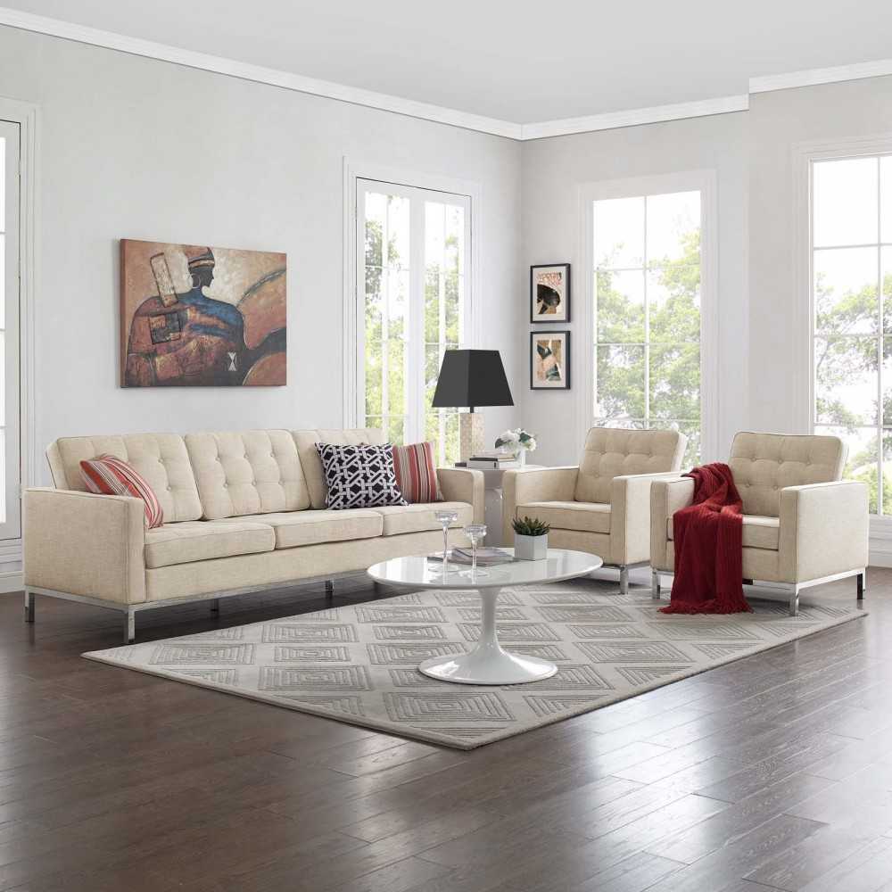 Loft 3 Piece Upholstered Fabric Sofa and Armchair Set, Beige