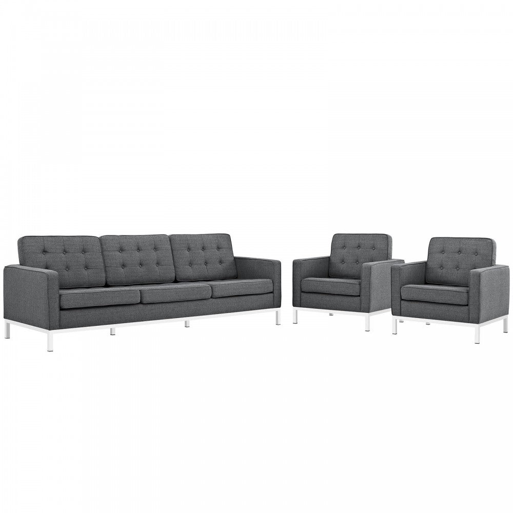 Loft 3 Piece Upholstered Fabric Sofa and Armchair Set, Gray