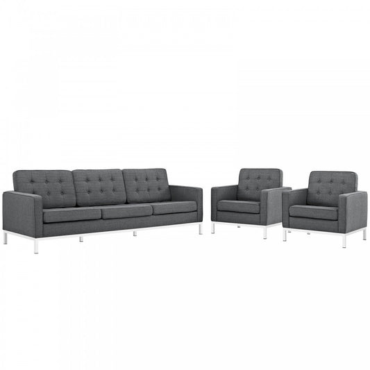 Loft 3 Piece Upholstered Fabric Sofa and Armchair Set, Gray