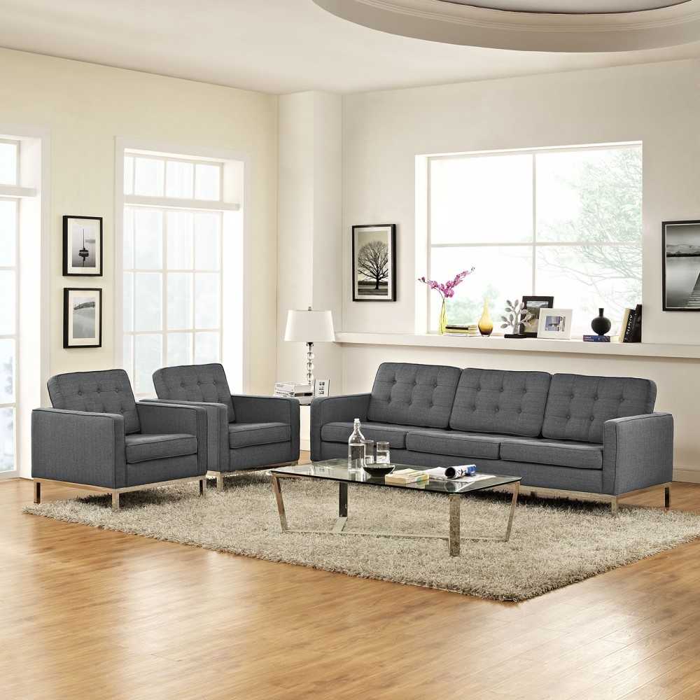 Loft 3 Piece Upholstered Fabric Sofa and Armchair Set, Gray