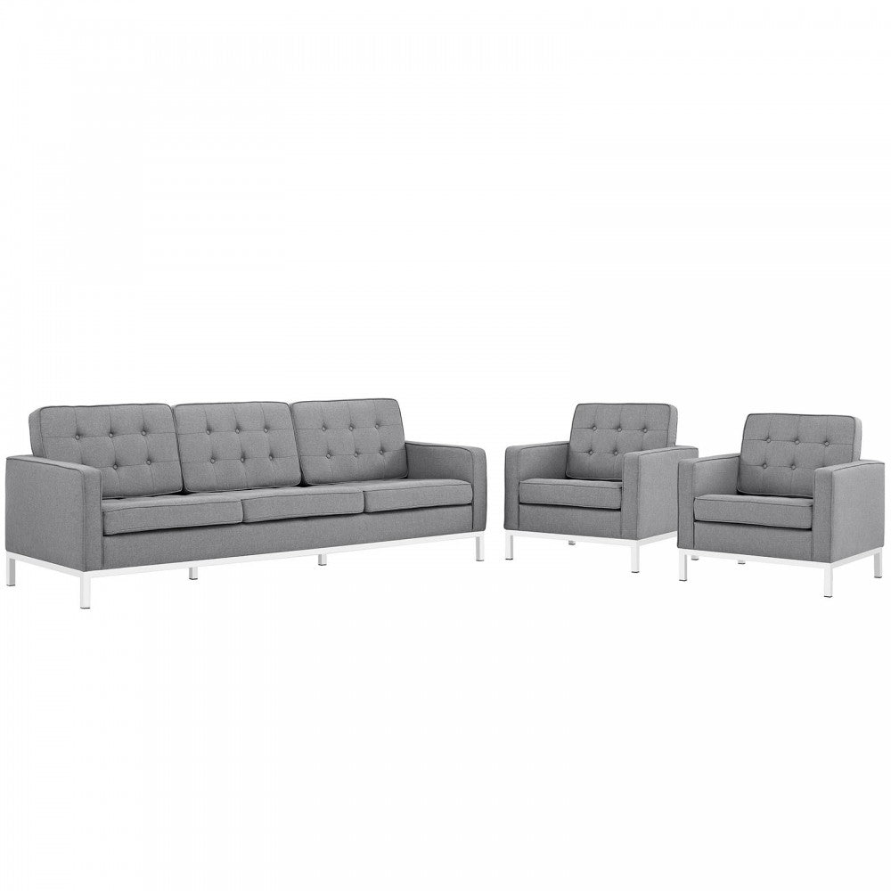 Loft 3 Piece Upholstered Fabric Sofa and Armchair Set, Light Gray
