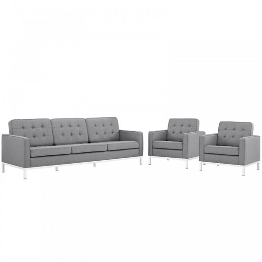 Loft 3 Piece Upholstered Fabric Sofa and Armchair Set, Light Gray