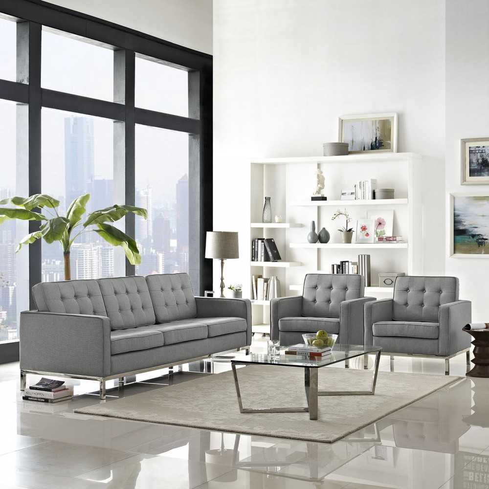 Loft 3 Piece Upholstered Fabric Sofa and Armchair Set, Light Gray