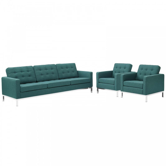 Loft 3 Piece Upholstered Fabric Sofa and Armchair Set, Teal