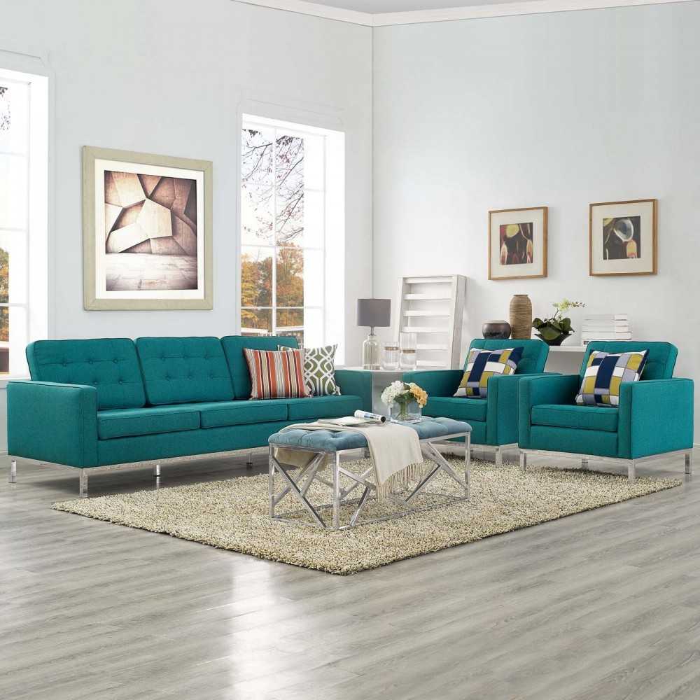 Loft 3 Piece Upholstered Fabric Sofa and Armchair Set, Teal