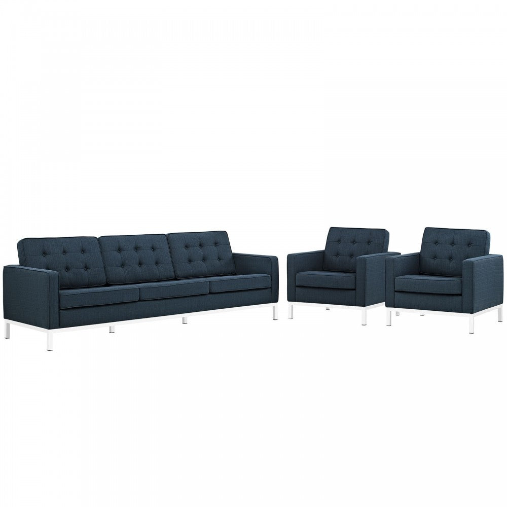 Loft 3 Piece Upholstered Fabric Sofa and Armchair Set, Azure