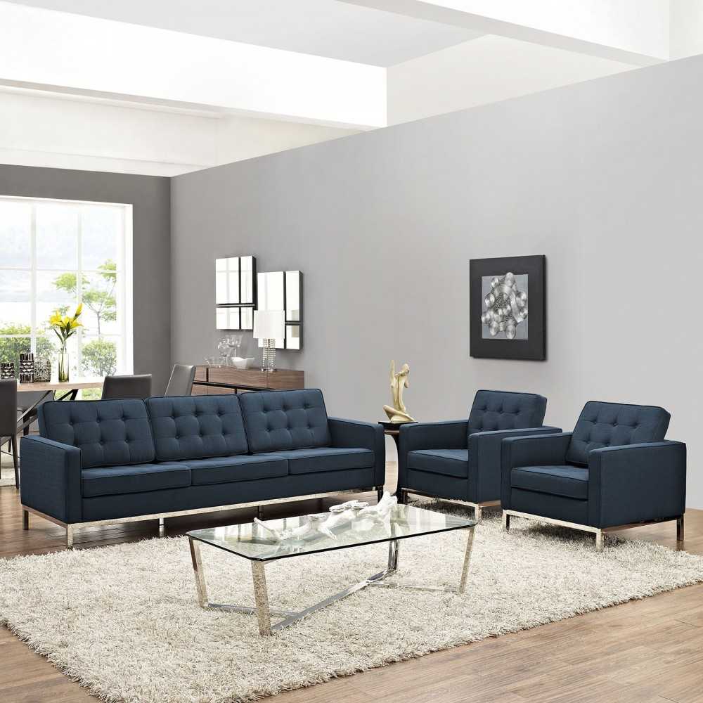 Loft 3 Piece Upholstered Fabric Sofa and Armchair Set, Azure