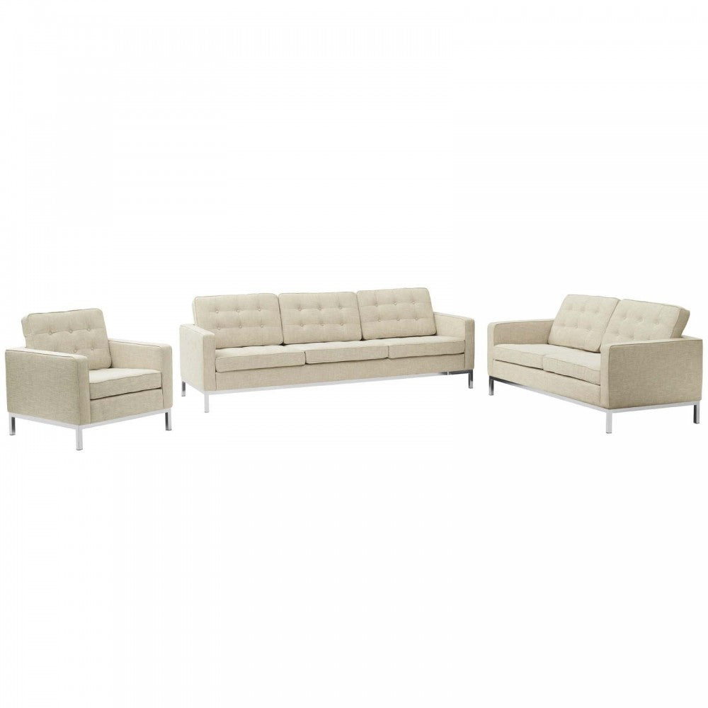 Loft 3 Piece Upholstered Fabric Sofa Loveseat and Armchair Set, Beige