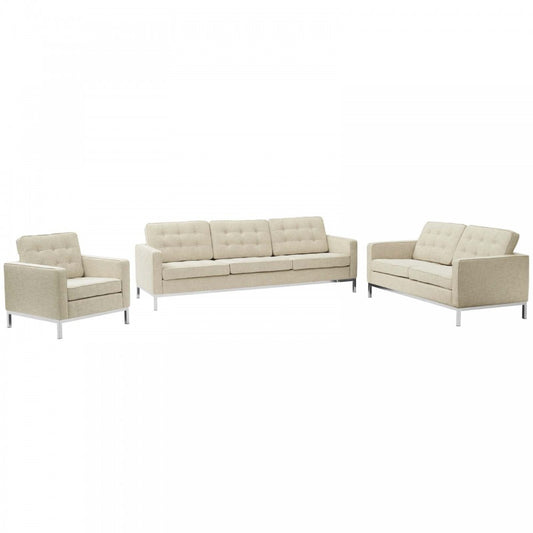 Loft 3 Piece Upholstered Fabric Sofa Loveseat and Armchair Set, Beige