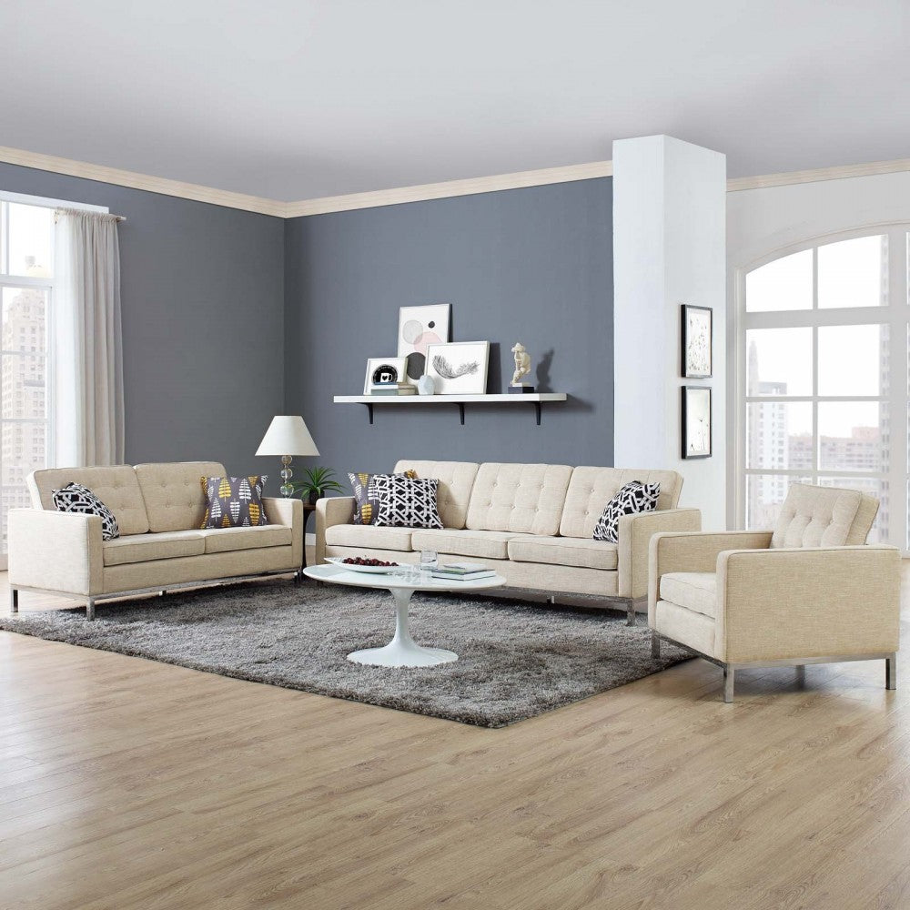 Loft 3 Piece Upholstered Fabric Sofa Loveseat and Armchair Set, Beige