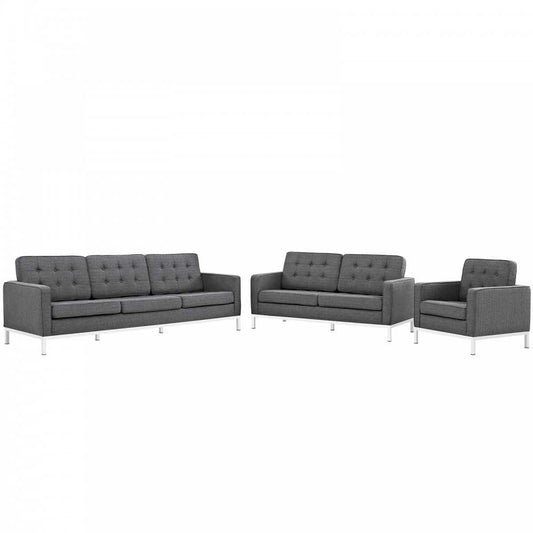 Loft 3 Piece Upholstered Fabric Sofa Loveseat and Armchair Set, Gray